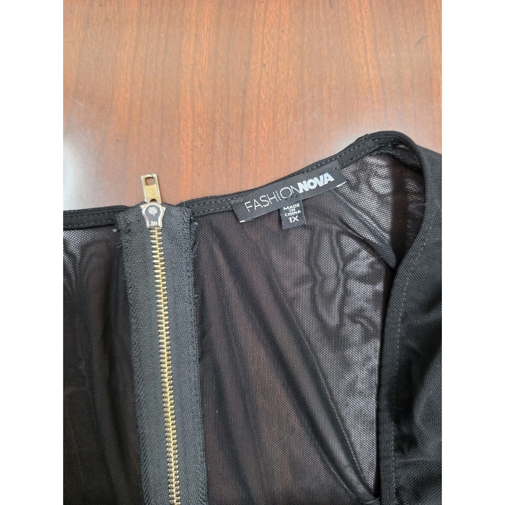 Fashion Nova Dress Plus Size 1X Black Sheer Mesh Overlay Ruched Long Sleeve Zip - Picture 4 of 6